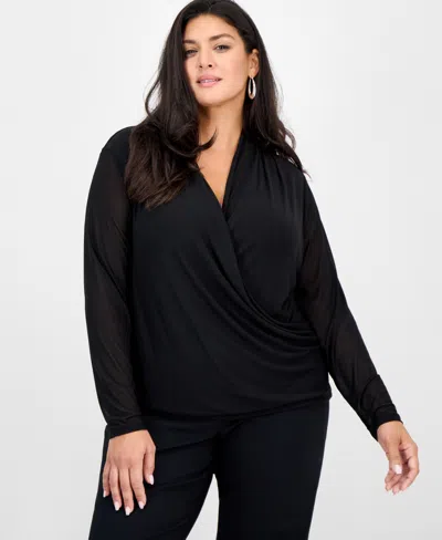 Inc International Concepts Plus Size Mesh Draped Top, Macy's Exclusive In Black
