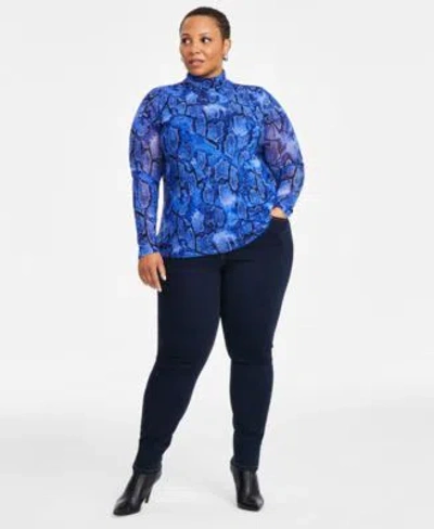 Inc International Concepts Plus Size Mesh Turtleneck Skinny Leg Denim Jeans Exclusively At Macys In Dark Indigo