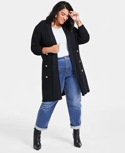 Inc International Concepts Plus Size Metallic Double-breasted Cardigan, Created For Macy's In Deep Black