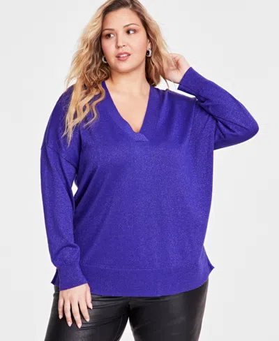 Inc International Concepts Plus Size Metallic-knit V-neck Sweater, Created For Macy's In Deep Iris