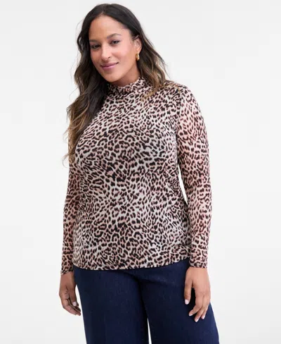Inc International Concepts Plus Size Mock-neck Mesh Top, Macy's Exclusive In Black