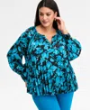 Inc International Concepts Plus Size Pleated Puff-sleeve Blouse, Macy's Exclusive In Multi