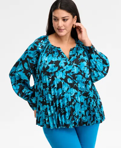 Inc International Concepts Plus Size Pleated Puff-sleeve Blouse, Macy's Exclusive In Multi