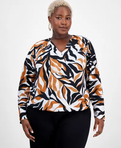 Inc International Concepts Plus Size Print Surplice-neck Top, Exclusively At Macy's In Brown