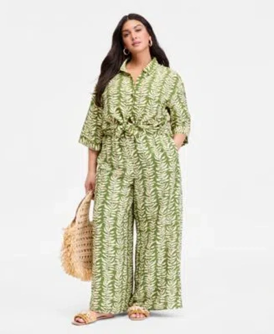 Inc International Concepts Plus Size Printed 3 4 Sleeve Button Front Shirt Printed High Rise Wide Leg Pants Macys Exclusive In Lina Palms Green