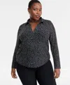 Inc International Concepts Plus Size Printed Collared Mesh Top, Macy's Exclusive In Black