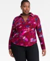 Inc International Concepts Plus Size Printed Collared Mesh Top, Macy's Exclusive In Multi