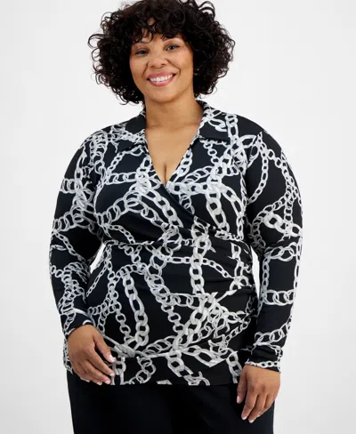 Inc International Concepts Plus Size Printed Faux-wrap Top, Created For Macy's In Kari Combo