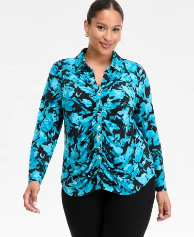 Inc International Concepts Plus Size Printed Gathered Collared Shirt, Macy's Exclusive In Multi