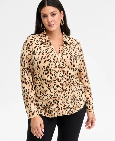 Inc International Concepts Plus Size Printed Gathered Collared Shirt, Macy's Exclusive In Brown