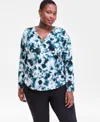 Inc International Concepts Plus Size Printed Half-placket Shirt, Macy's Exclusive In Blue