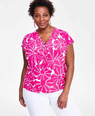 Inc International Concepts Plus Size Printed Lace-up Top, Created For Macy's In Tala Blooms