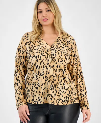 Inc International Concepts Plus Size Printed Long-sleeve Button-neck Top, Macy's Exclusive In Brown
