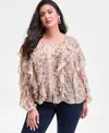 Inc International Concepts Plus Size Printed Long-sleeve Ruffled Blouse, Macy's Exclusive In Brown