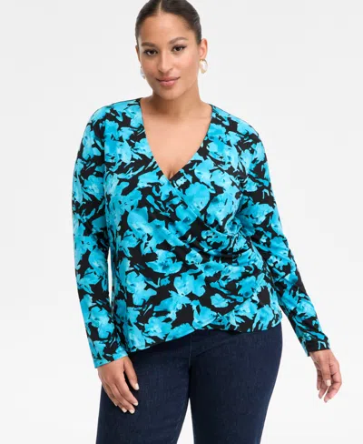 Inc International Concepts Plus Size Printed Long-sleeve Surplice-neck Top, Macy's Exclusive In Blue