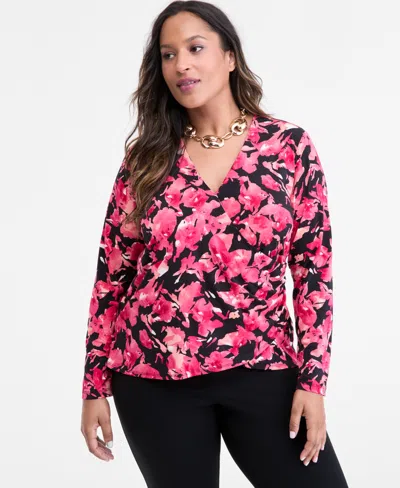 INC INTERNATIONAL CONCEPTS PLUS SIZE PRINTED LONG-SLEEVE SURPLICE-NECK TOP, MACY'S EXCLUSIVE