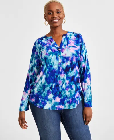 INC INTERNATIONAL CONCEPTS PLUS SIZE PRINTED LONG-SLEEVE TOP, EXCLUSIVELY AT MACY'S
