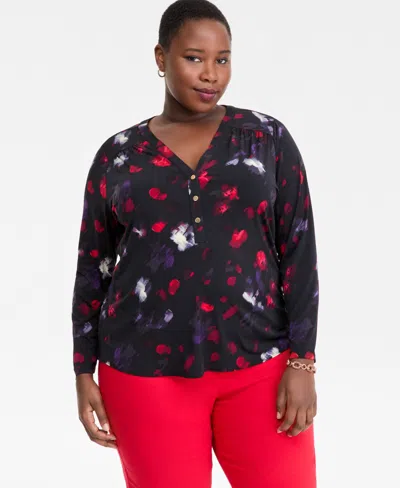 Inc International Concepts Plus Size Printed Long-sleeve Top, Macy's Exclusive In Multi