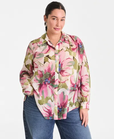 Inc International Concepts Plus Size Printed Long-sleeve Blouse, Created For Macy's In Multi