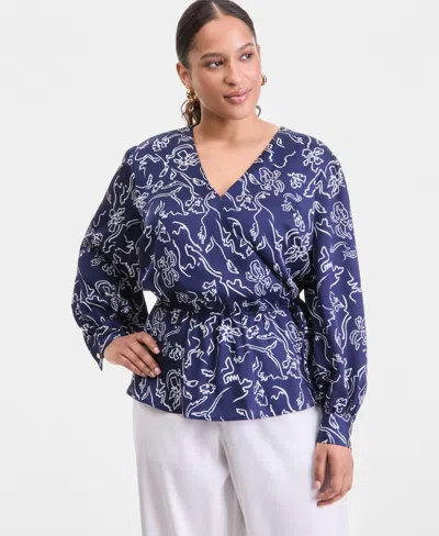 Inc International Concepts Plus Size Printed Peplum Blouse, Macy's Exclusive In Blue