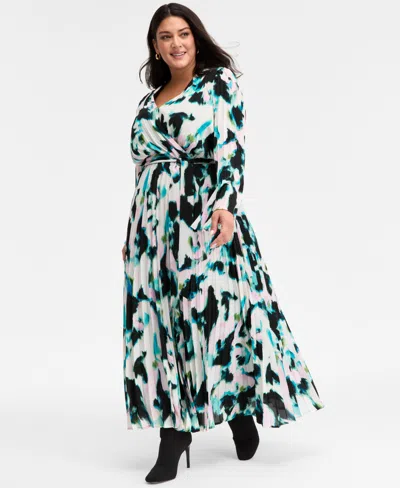 Inc International Concepts Plus Size Printed Pleated Maxi Dress, Macy's Exclusive In Blue