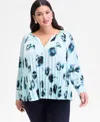 Inc International Concepts Plus Size Printed Pleated Split-neck Blouse, Macy's Exclusive In Blue