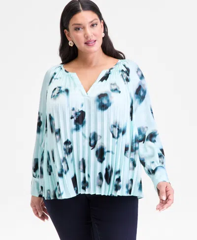 Inc International Concepts Plus Size Printed Pleated Split-neck Blouse, Macy's Exclusive In Blue