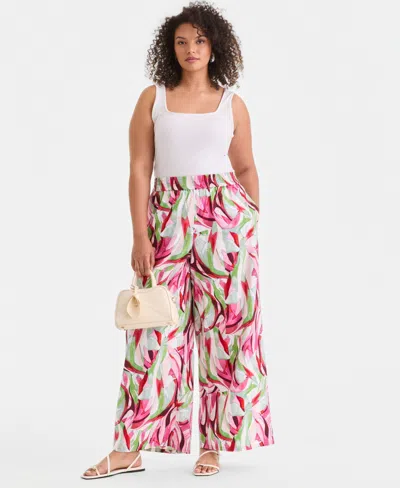 Inc International Concepts Plus Size Printed Pull-on Wide-leg Pants, Created For Macy's In Pink