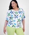 Inc International Concepts Plus Size Printed Ruched Short-sleeve Top, Exclusively At Macy's