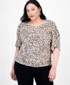 Inc International Concepts Plus Size Printed Ruched-shoulder Top, Exclusively At Macy's In Black