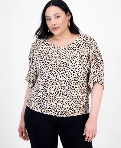 Inc International Concepts Plus Size Printed Ruched-shoulder Top, Exclusively At Macy's