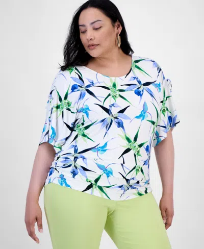 Inc International Concepts Plus Size Printed Ruched-shoulder Top, Exclusively At Macy's