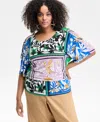 Inc International Concepts Plus Size Printed Ruched-shoulder Top, Exclusively At Macy's