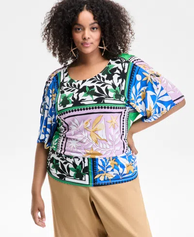 Inc International Concepts Plus Size Printed Ruched-shoulder Top, Exclusively At Macy's
