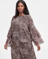 Inc International Concepts Plus Size Printed Ruffle-sleeve Top, Macy's Exclusive In Brown