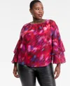 Inc International Concepts Plus Size Printed Ruffle-sleeve Top, Macy's Exclusive In Multi