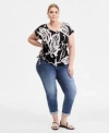 Inc International Concepts Plus Size Printed Side Tie V Neck Top Slim Tech Rolled Cuff Boyfriend Jeans Exclusively At Macys In Black