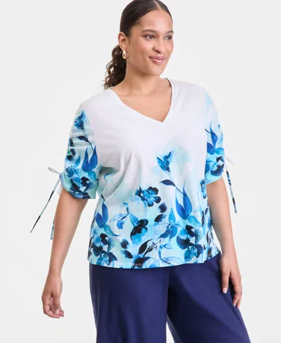 Inc International Concepts Plus Size Printed Sleeve Tie V-neck T-shirt, Macy's Exclusive In Multi