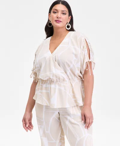 Inc International Concepts Plus Size Printed Split-sleeve Peplum Top, Macy's Exclusive In White