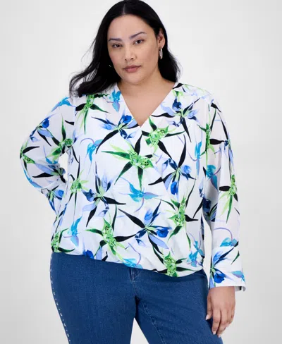 Inc International Concepts Plus Size Printed Surplice Long-sleeve Blouse, Exclusively At Macy's