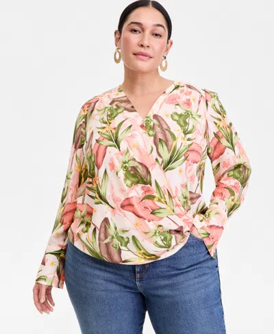 Inc International Concepts Plus Size Printed Surplice Long-sleeve Blouse, Macy's Exclusive In Multi