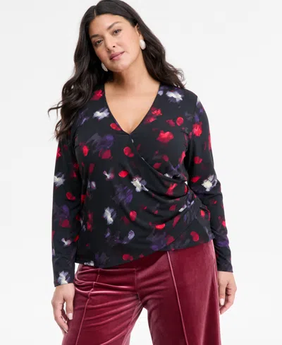 Inc International Concepts Plus Size Printed Surplice-neck Top, Macy's Exclusive In Blue
