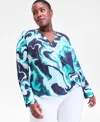 Inc International Concepts Plus Size Printed Surplice-neck Top, Macy's Exclusive In Multi