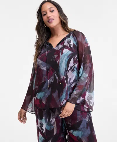Inc International Concepts Plus Size Printed Tie-front Blouse, Macy's Exclusive In Brown