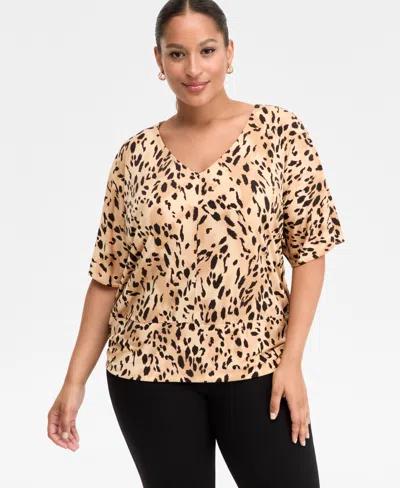Inc International Concepts Plus Size Printed V-neck Short-sleeve Top, Macy's Exclusive In Animal Print