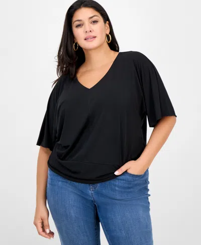 Inc International Concepts Plus Size Printed V-neck Short-sleeve Top, Macy's Exclusive In Black