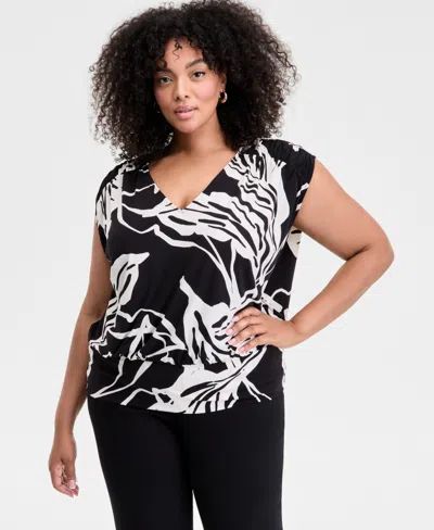Inc International Concepts Plus Size Printed V-neck Top, Exclusively At Macy's In Black