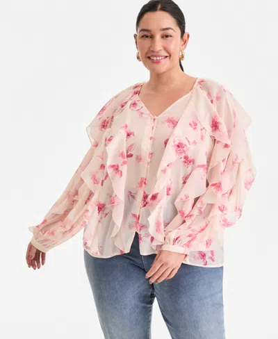 Inc International Concepts Plus Size Printed V-neck Ruffled Blouse, Created For Macy's In Pink
