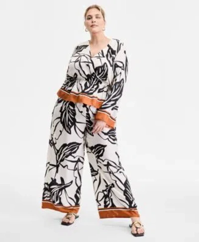 Inc International Concepts Plus Size Printed Volume Sleeve Peplum Top Printed High Rise Wide Leg Pants In Neutral