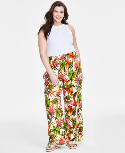 Inc International Concepts Plus Size Printed Linen Wide-leg Pants, Created For Macy's In Tropical Garden
